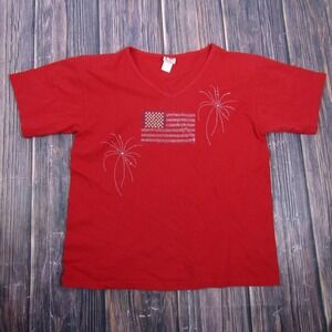 Vintage Cactus California Shirt Womens Large Red V Neck Rhinestone USA Flag